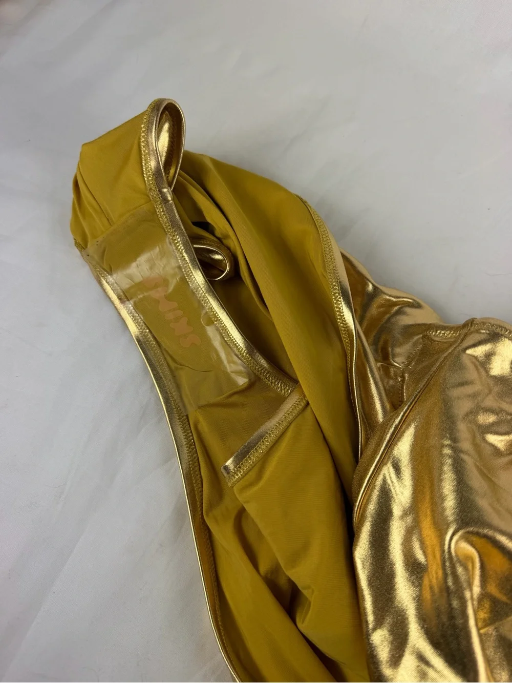 SKIMS Gold Metallic One-Piece Bathing Suit with Matching Sarong Skirt
